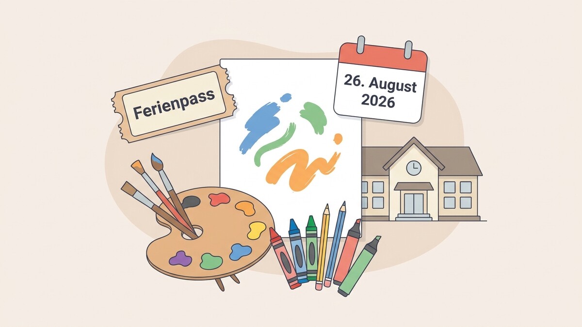 Ferienpass-Aktion mit Malutensilien und Kalenderblatt 26. August 2026 vor Schulhaus