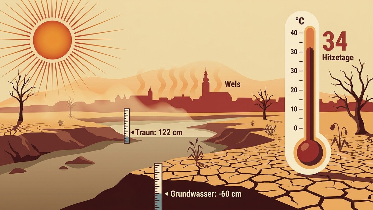 Dürre in Wels: 34 Hitzetage, Traun 122 cm, Grundwasser -60 cm