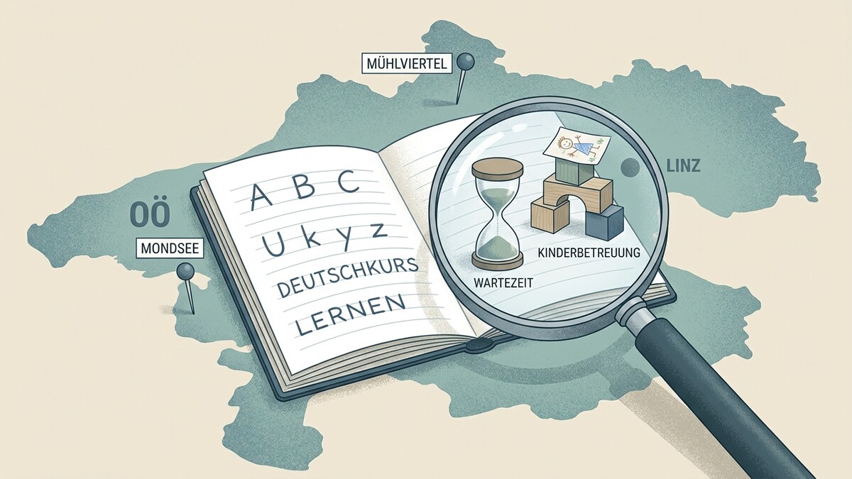Lehrbuch mit ABC und Deutschkurs auf Karte von Oberösterreich, Lupe zeigt Sanduhr und Spielzeug