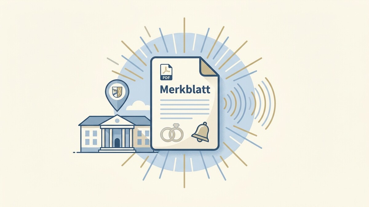 Merkblatt für Hochzeiten mit PDF-Symbol, Trauringen und Glocke vor Amtsgebäude mit Ortsmarkierung.