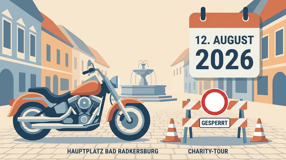 Motorrad vor Brunnen am Hauptplatz Bad Radkersburg, Kalender 12. August 2026, Charity-Tour