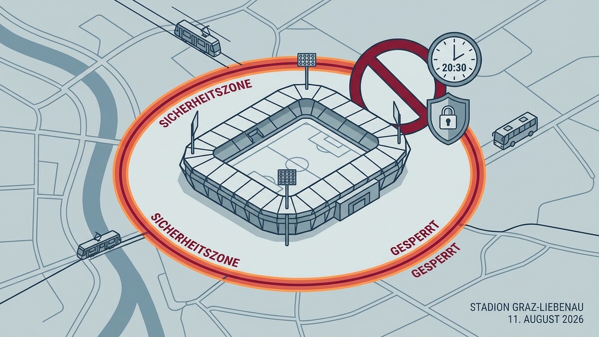 Stadion Graz-Liebenau: Sicherheitszone mit Sperrkreis, Zeitangabe 20:30 Uhr und Verkehrsmitteln