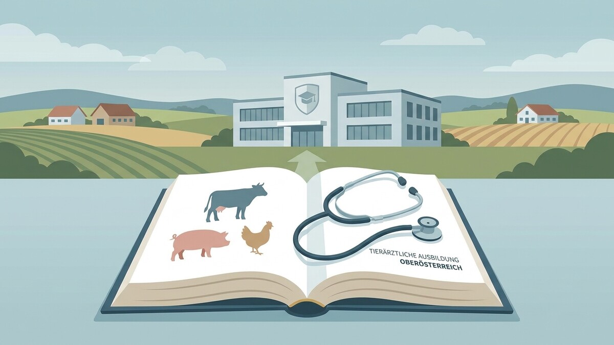 Tierärztliche Ausbildung Oberösterreich: Buch mit Stethoskop, Kuh, Schwein, Huhn vor Schule