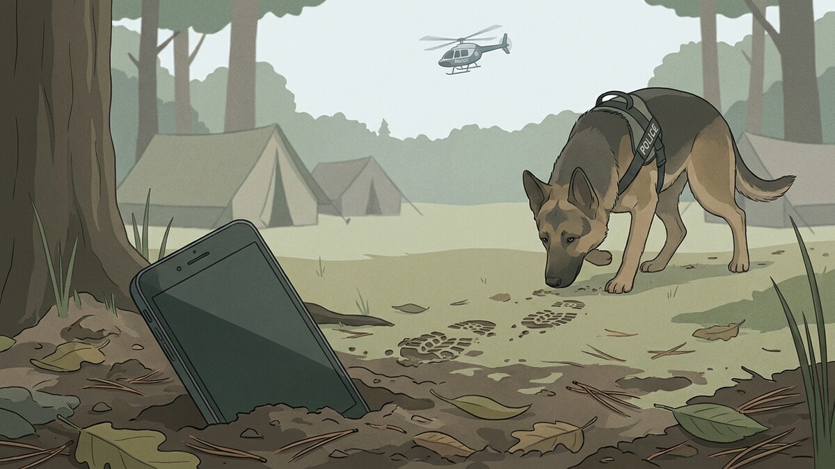 Polizeihund schnüffelt Spuren neben Handy in Wald, Helikopter kreist über Campingplatz