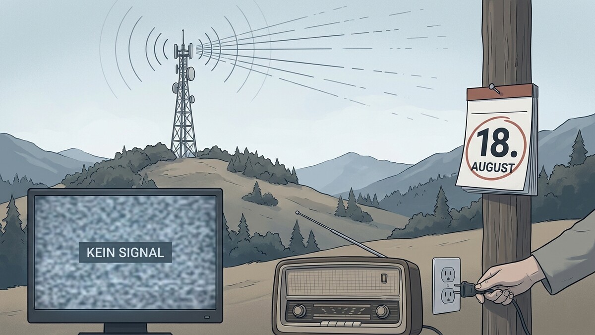 Kein Signal am Fernseher neben einem Radio und einem Kalenderblatt mit 18. August in ländlicher Berglandschaft.