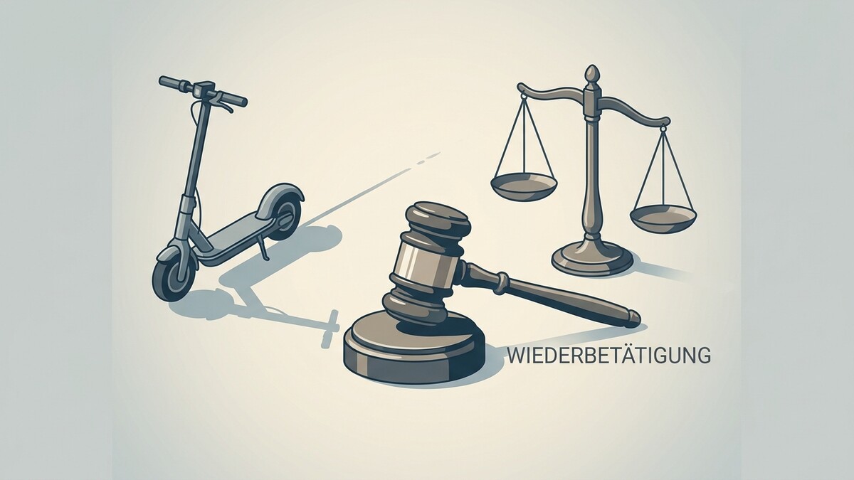 E-Scooter, Richterhammer und Waage der Gerechtigkeit symbolisieren rechtliche Aspekte.