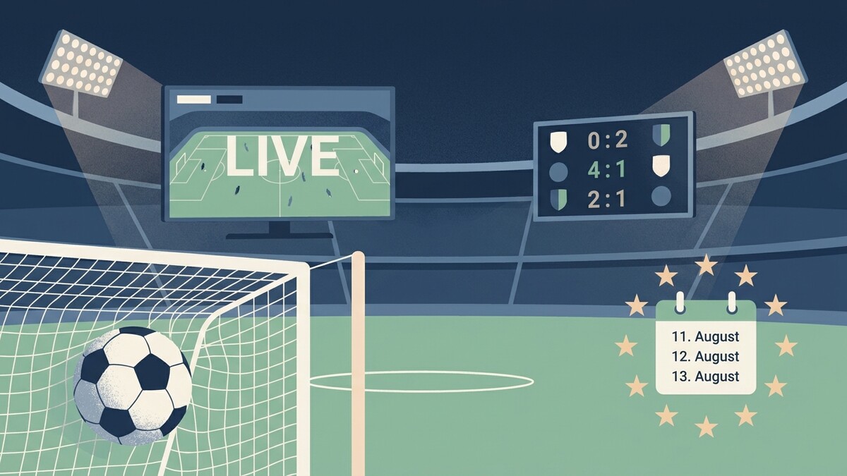 Fußballspiel im Stadion mit Live-Übertragung, Anzeigetafel und Kalenderdatum