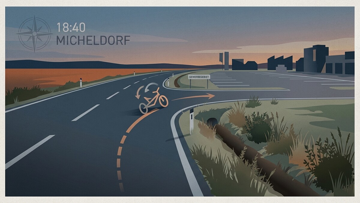 Radweg bei Michelsdorf mit Gewerbegebiet und Parkplatz im Abendlicht