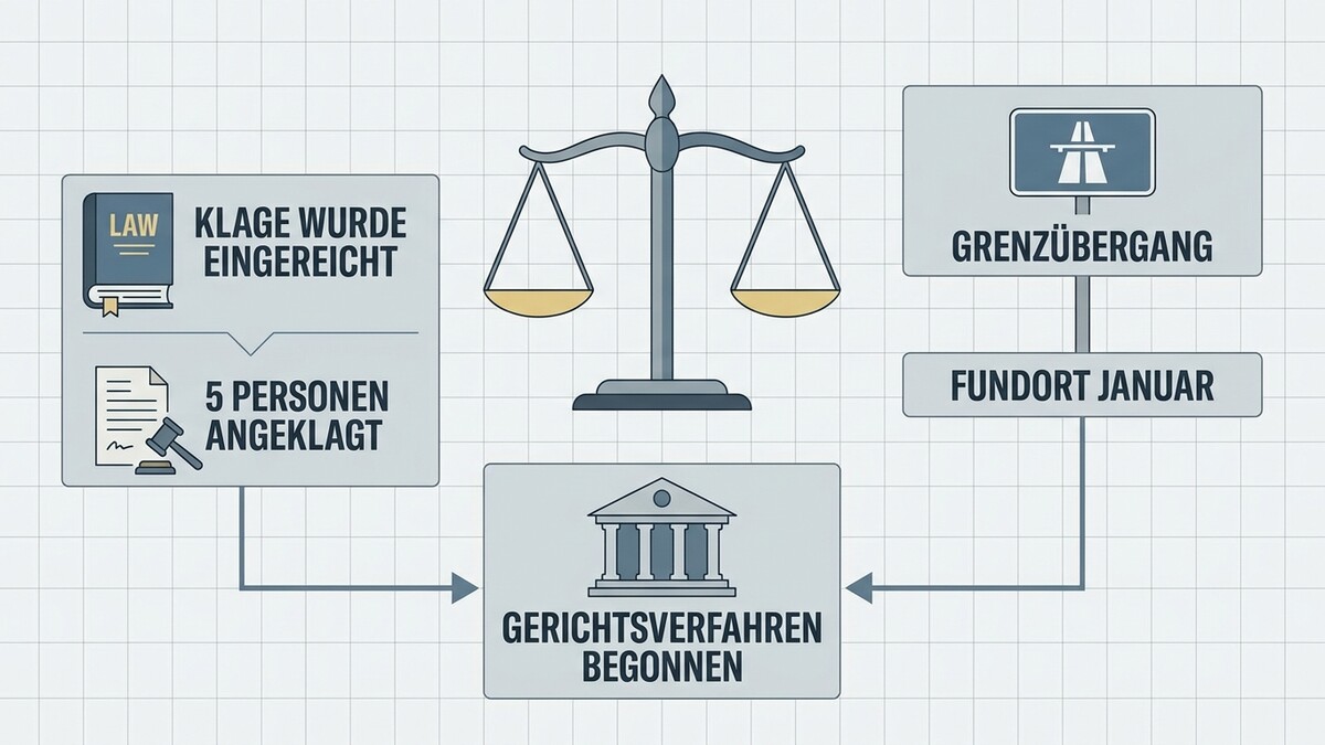 Gerichtsverfahren: Klage eingereicht, 5 Personen angeklagt, Grenzübergang, Fundort Jänner