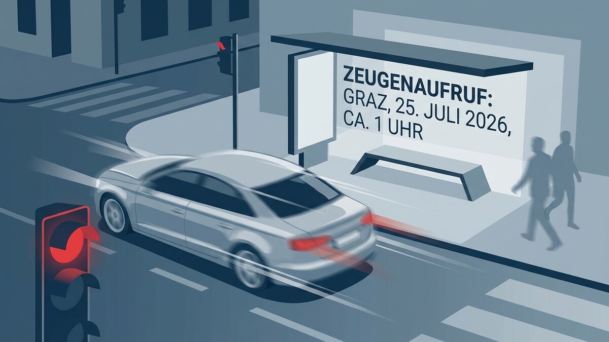 Zeugenaufruf Graz 25. Juli 2026 ca. 1 Uhr, Auto fährt bei Rot über Zebrastreifen, zwei Personen bei Bushaltestelle