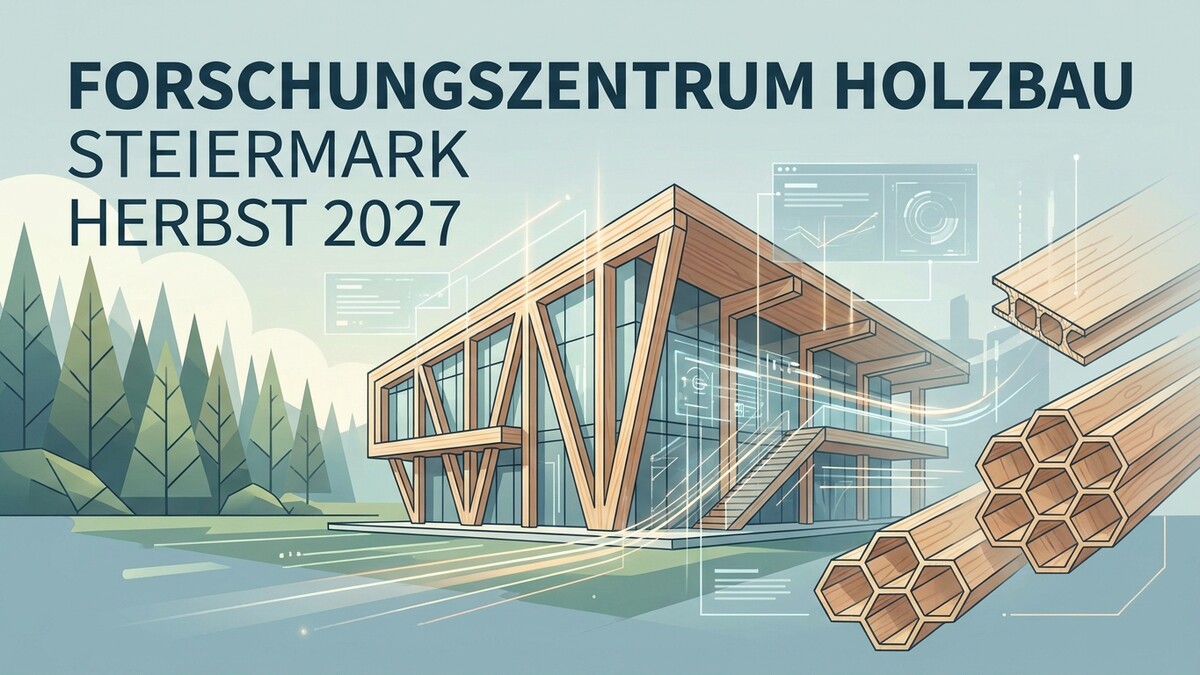 Holzbau Forschungszentrum Steiermark Herbst 2027 mit Holzkonstruktion und Holzprofilen