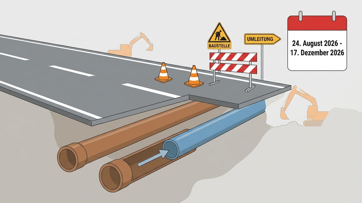 Straßenbauarbeiten mit Umleitung und Kalenderdatum 24. August bis 17. Dezember 2026