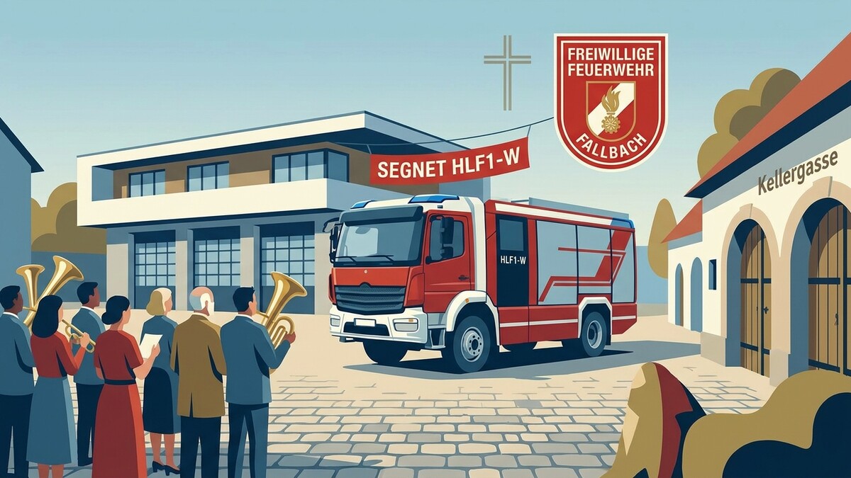 Feuerwehr Fallbach: Segnung HLF1-W mit Blaskapelle vor Feuerwehrhaus und Kellergasse