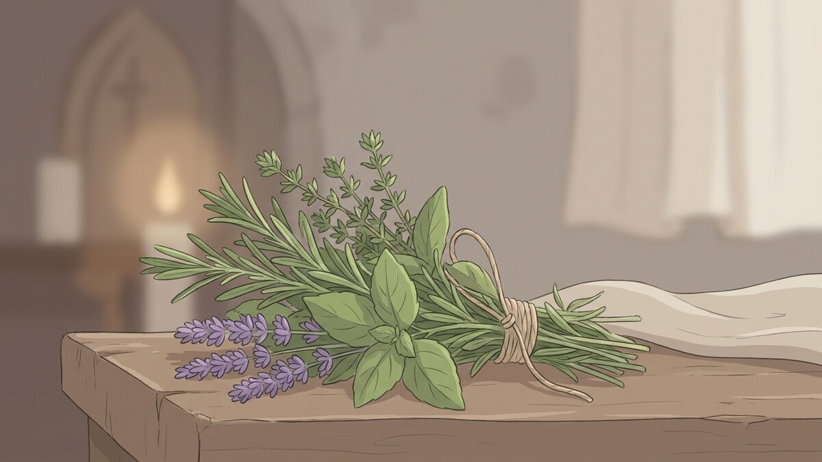 Kräuterstrauß aus Lavendel, Rosmarin und Thymian auf Holztisch mit Kerzenlicht