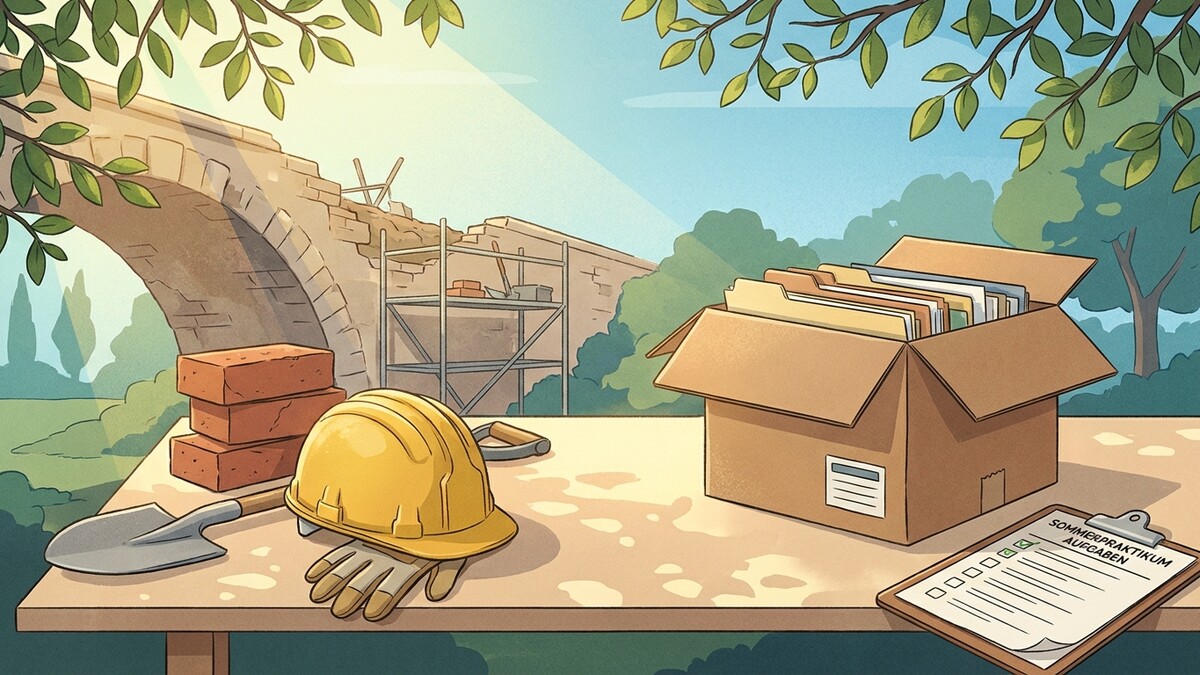 Baustelle mit Werkzeug, Aktenkoffer und Brücke im Hintergrund