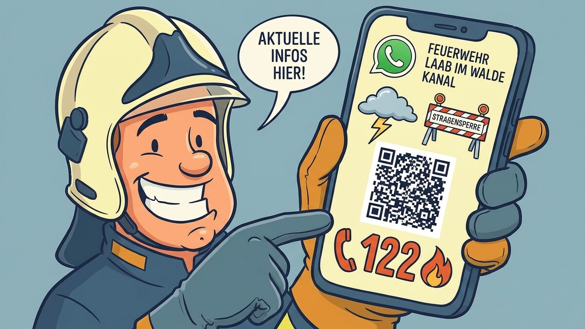 Feuerwehrmann zeigt auf Handy mit QR-Code und Notruf 122 für Feuerwehr Laab im Walde Kanal.