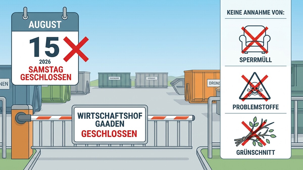 Wirtschaftshof Gaaden am 15. August 2026 geschlossen, Sperrmüll, Problemstoffe und Grünschnitt werden nicht angenommen.