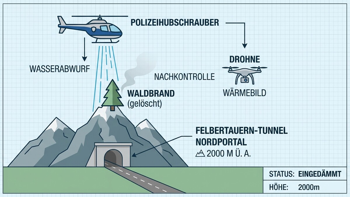 Polizeihubschrauber löscht Waldbrand am Felbertauern-Tunnel Nordportal