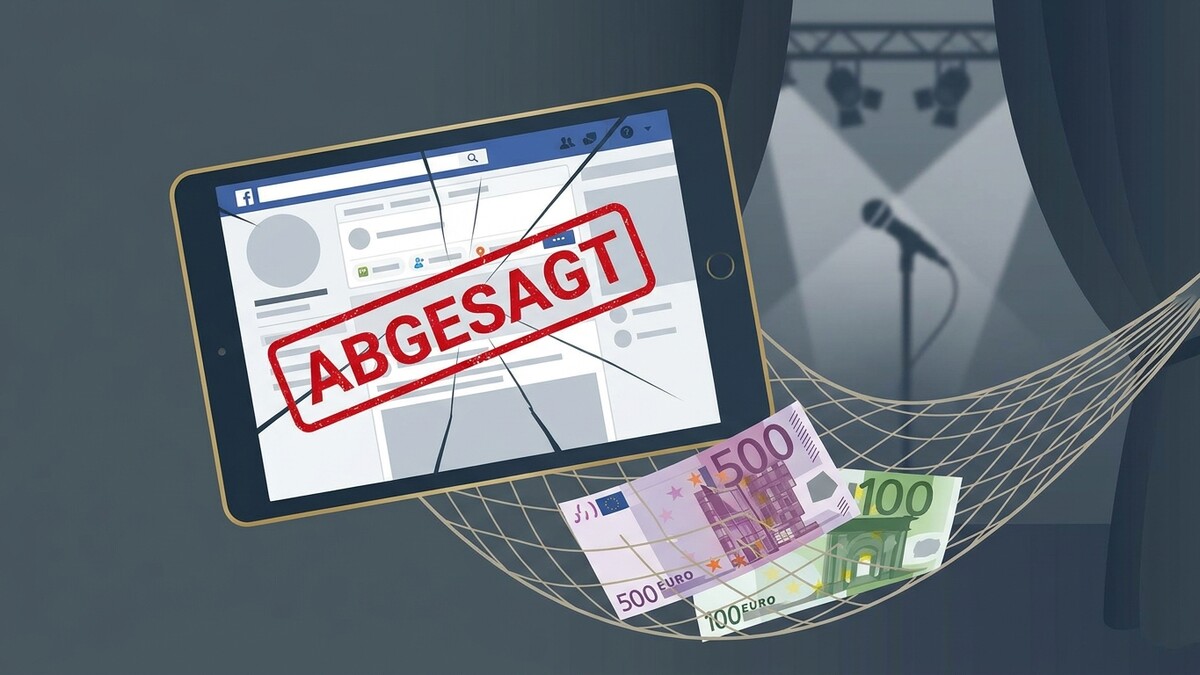 Abgesagtes Event: Tablet mit Facebook-Seite und Geldscheinen in Hängematte vor Mikrofon