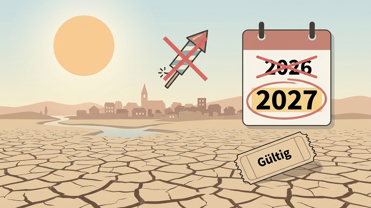 Feuerwerk-Verbot und Kalenderblatt 2027 vor ausgetrockneter Landschaft