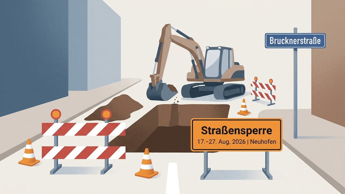 Straßensperre Brucknerstraße Neuhofen mit Bagger und Baustellenabsperrung