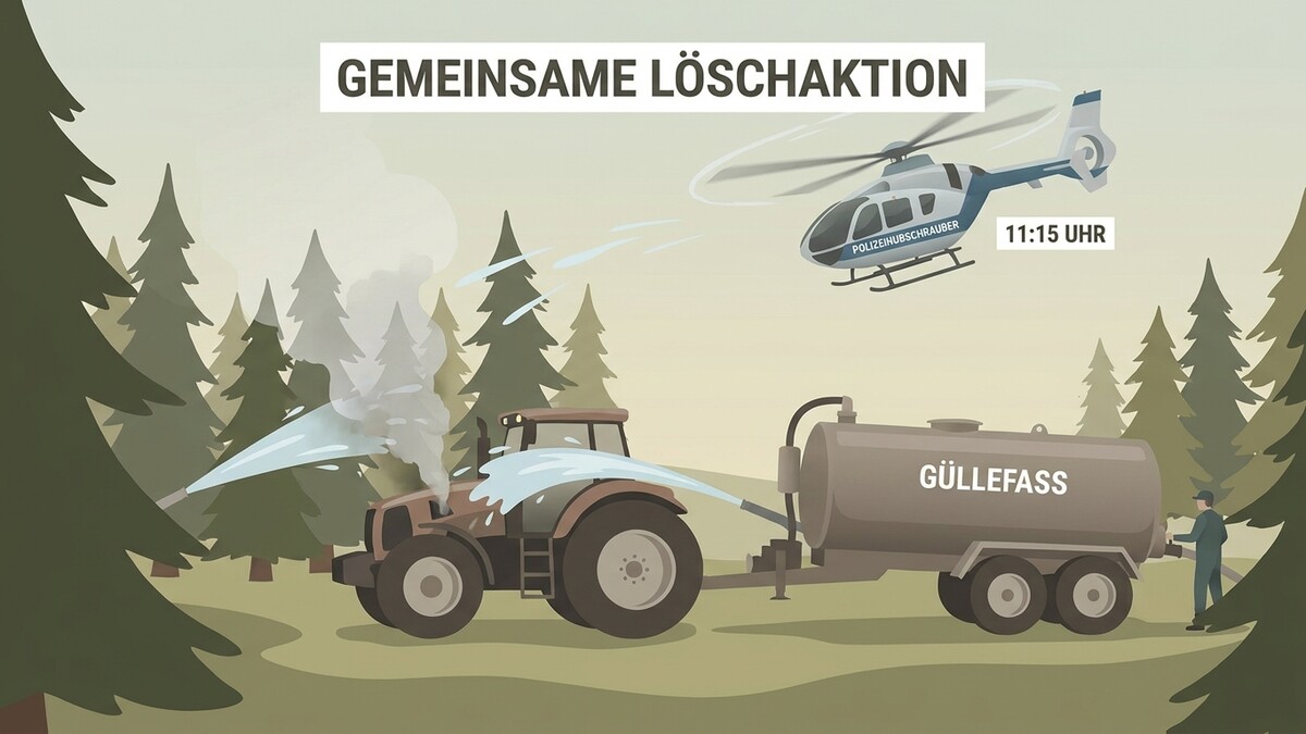 Gemeinsame Löschaktion: Traktor mit Güllefass und Polizeihelikopter löschen Waldbrand