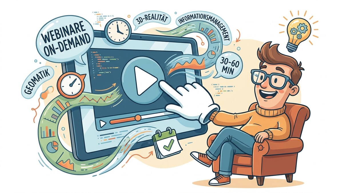 Webinare On-Demand: Mann mit Brille sitzt auf Sessel vor Tablet mit Play-Button