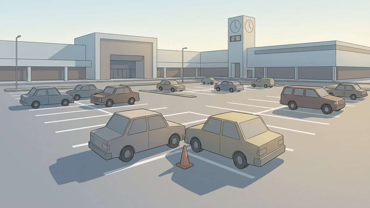 Parkplatz mit mehreren Autos vor Einkaufszentrum, Turmuhr zeigt 10:30 Uhr