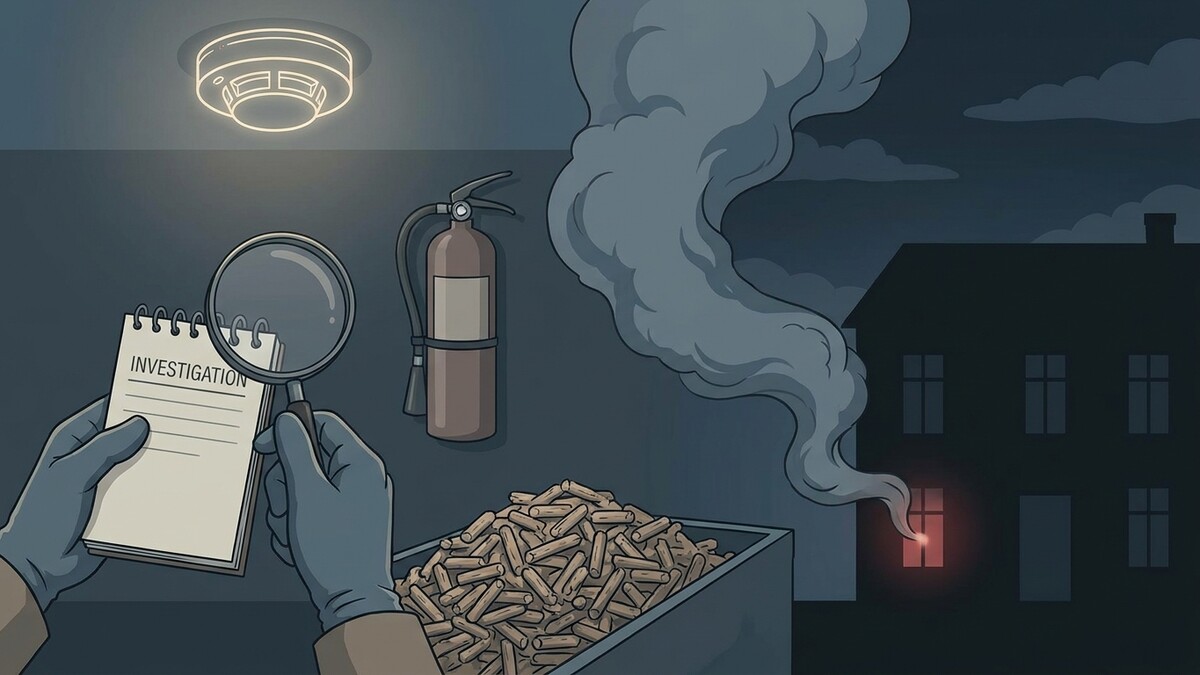 Ermittlung eines Brandes mit Rauch, Feuerlöscher, Pellets und Rauchmelder
