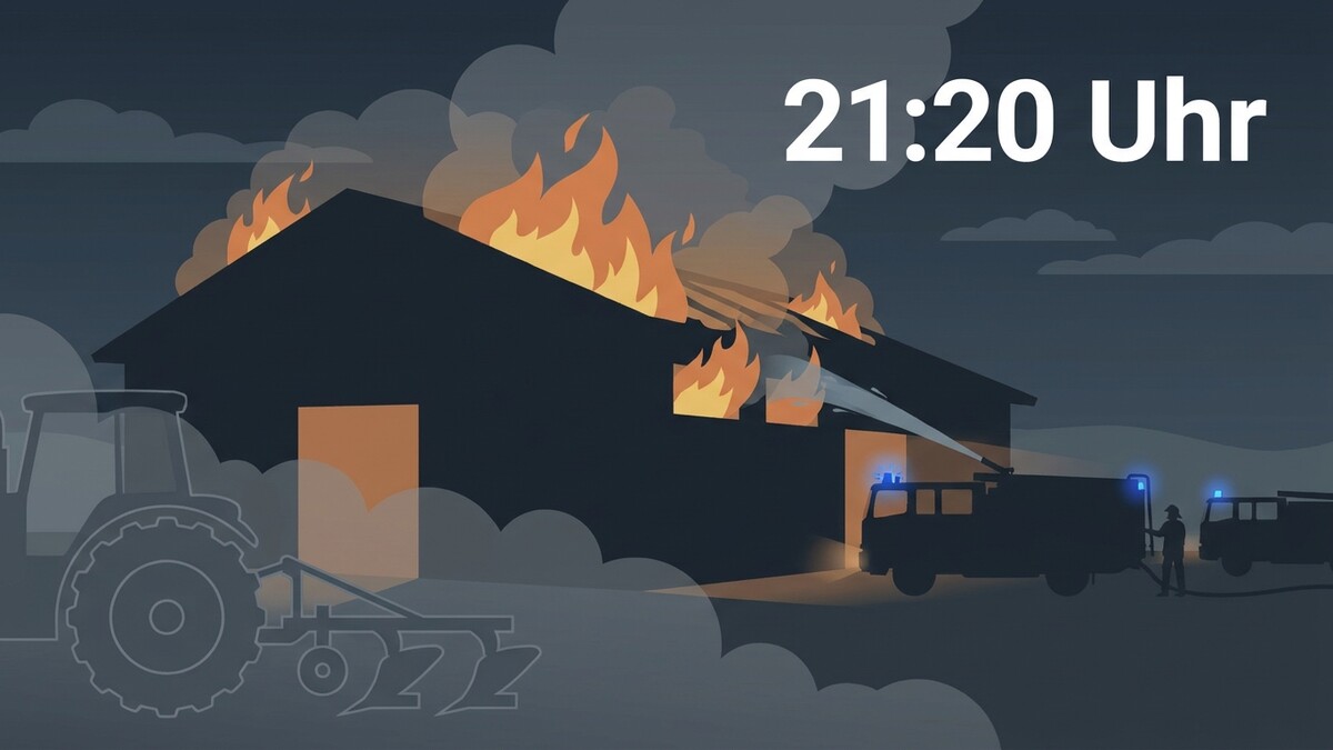 Brand und Rauchentwicklung bei einem Gebäude mit Feuerwehrautos und Traktor im Dunkeln