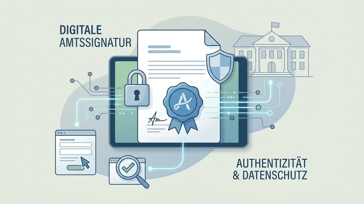 Digitale Amtssignatur: Authentizität und Datenschutz mit Siegel und Schloss auf Tablet