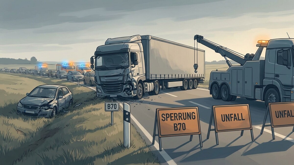 Unfall auf B70: LKW und PKW beschädigt, Abschleppdienst und Einsatzfahrzeuge im Stau