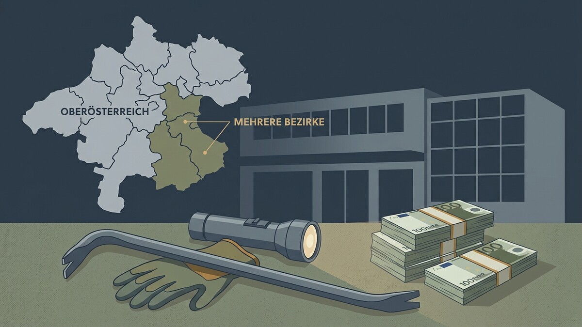Oberösterreich: Karte mit mehreren Bezirken, Gebäude, Brecheisen, Handschuhe, Taschenlampe und Geld