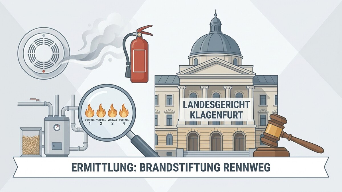Landesgericht Klagenfurt bei Ermittlung Brandstiftung Rennweg mit Rauchmelder, Feuerlöscher und Lupe
