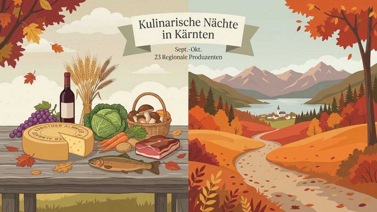 Kulinaria Kärnten: Käse, Wein, Fisch, Gemüse und Herbstlandschaft mit See und Bergen