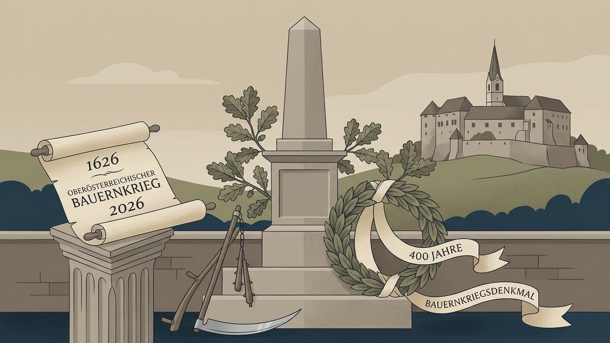 Oberösterreichischer Bauernkrieg 1626, Denkmal mit Spruchband 400 Jahre, Burg im Hintergrund