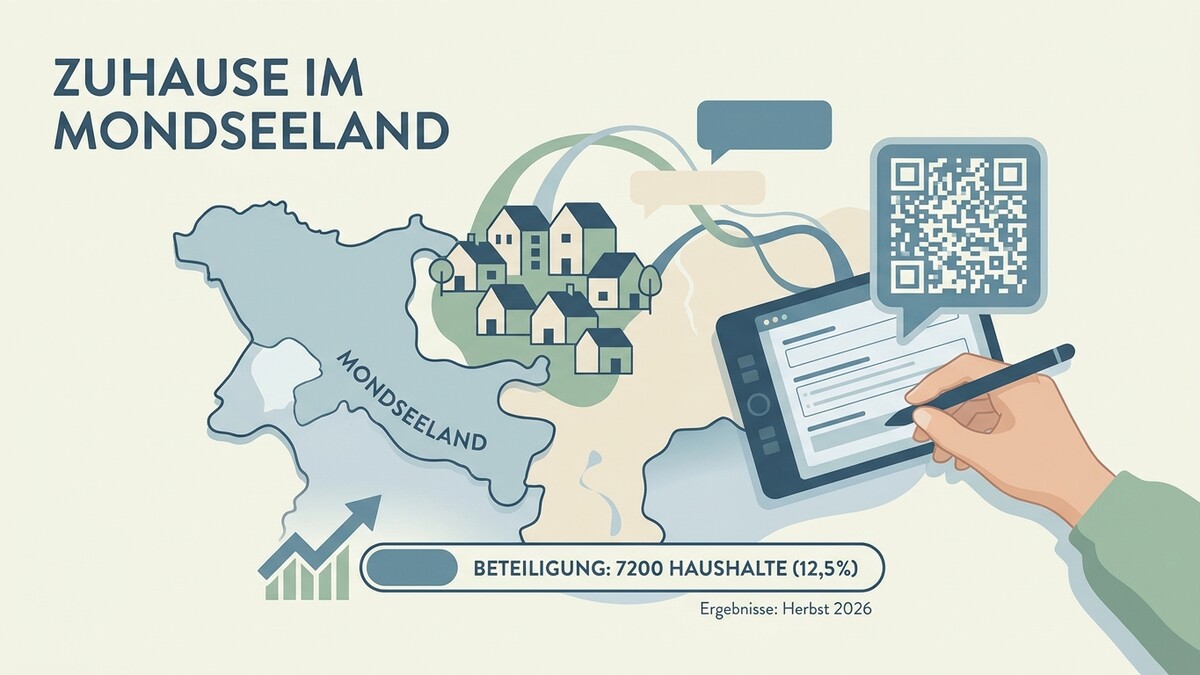Mondseeland: Karte mit Häusern, Tablet, QR-Code und Statistik
