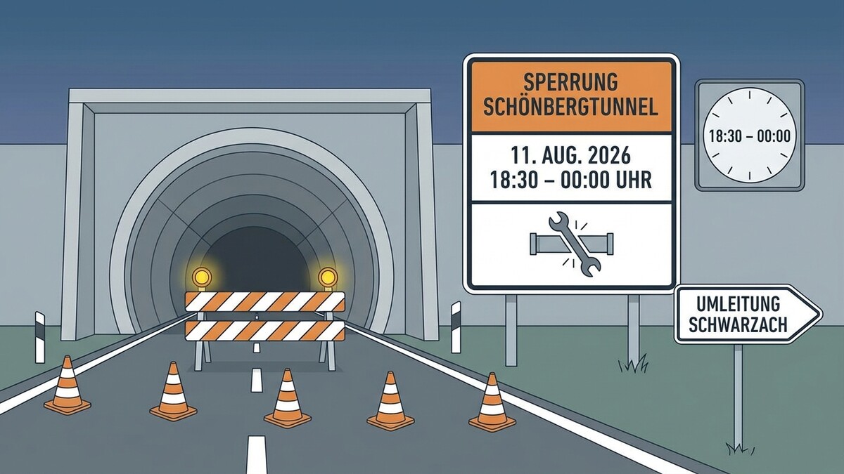 Schönbergtunnel-Sperrung am 11. August 2026 ab 18:30 Uhr, Umleitung nach Schwarzach