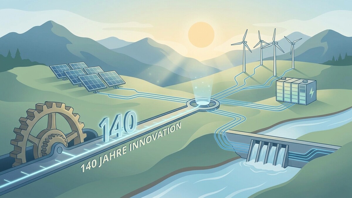 Erneuerbare Energien: Wasserkraft, Windkraft, Solarenergie und Akkuspeicher.