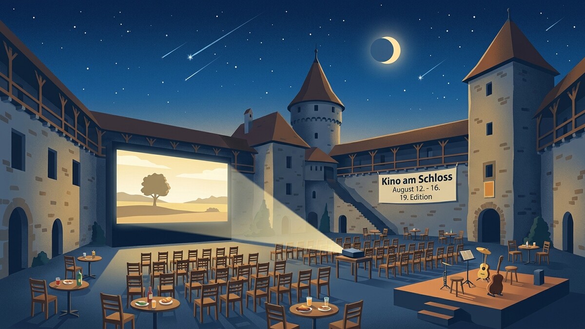 Kino am Schloss: Open-Air-Kino mit Bühne und Sitzreihen vor Burgmauer