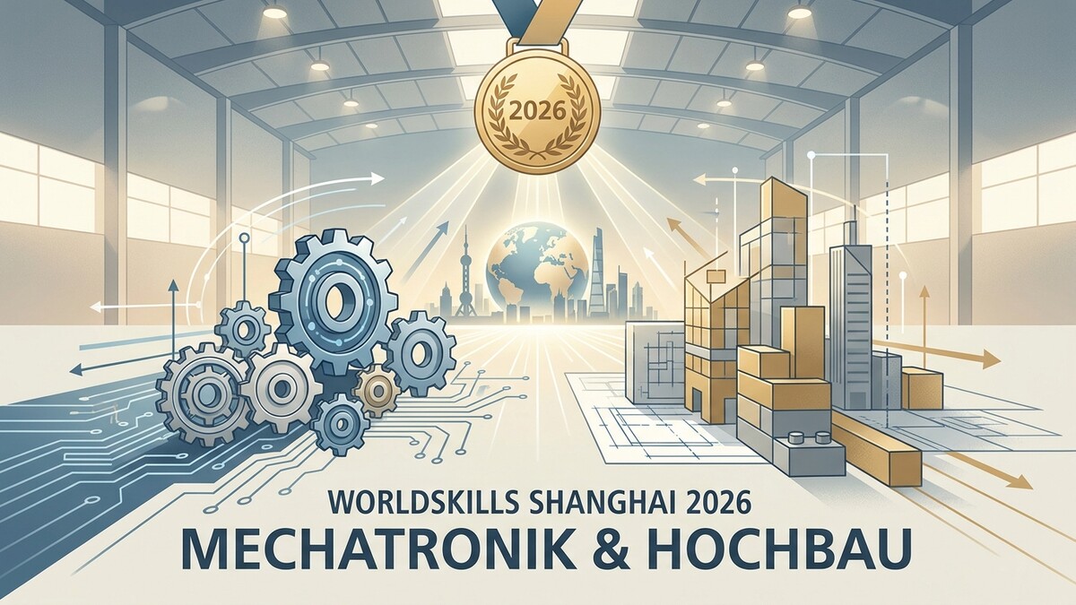 WorldSkills Shanghai 2026: Mechatronik & Hochbau mit Zahnrädern und Stadtbild