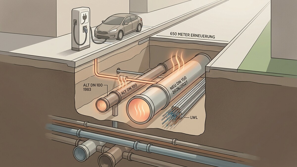 Erneuerung von Leitungen: Neues DN 150 Rohr neben altem DN 100, LWL, E-Ladestation.