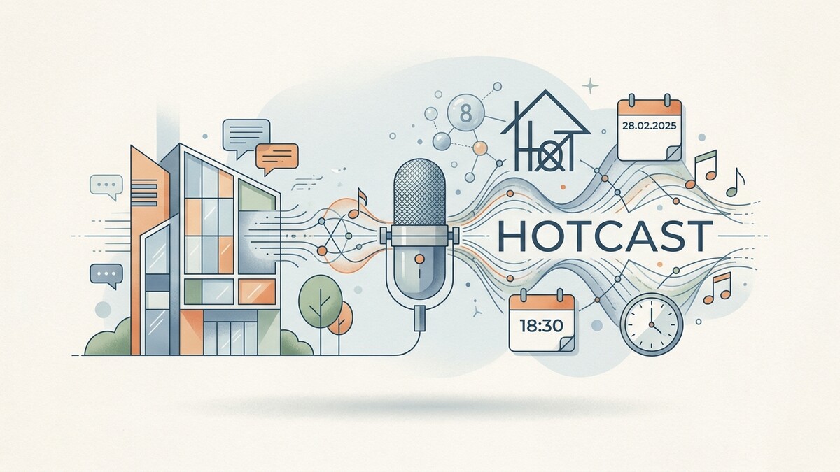 Hotcast: Mikrofon vor einem modernen Gebäude mit Sprechblasen, Kalender und Musiknoten