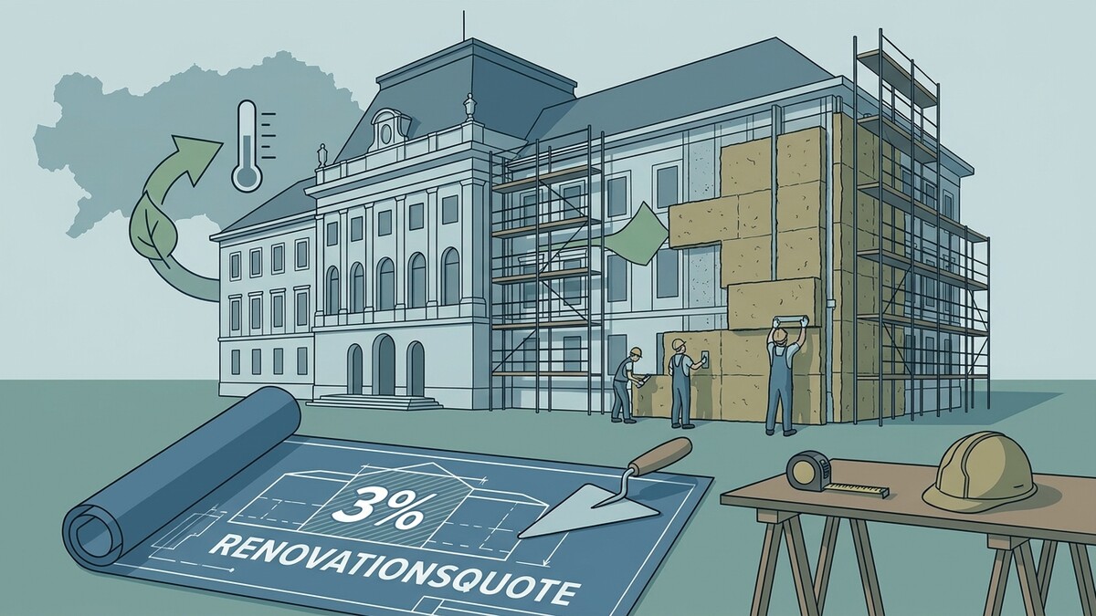 Renovationsquote 3%: Bauarbeiter dämmen ein Gebäude in Österreich, Bauplan und Thermometer.