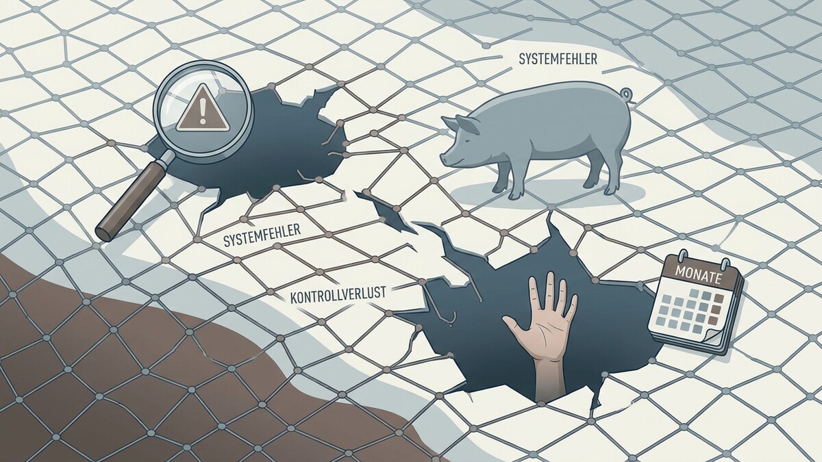 Systemfehler und Kontrollverlust: Schwein und Hand ragen aus Löchern in einem Netz, Lupe zeigt Warnsignal