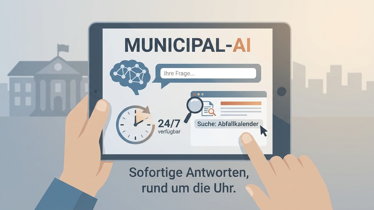 Municipal-AI-App auf Tablet mit Suche nach Abfallkalender und 24/7-Symbol