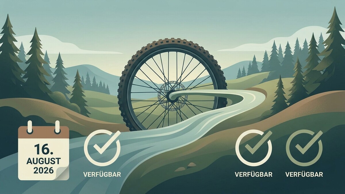 Fahrradreifen vor Berglandschaft mit Kalender und Verfügbarkeitsanzeigen