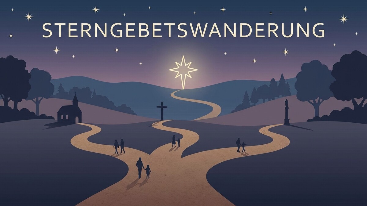 Sternenwanderung: Menschen auf einem Weg zu einem Stern über Hügel und Kreuz
