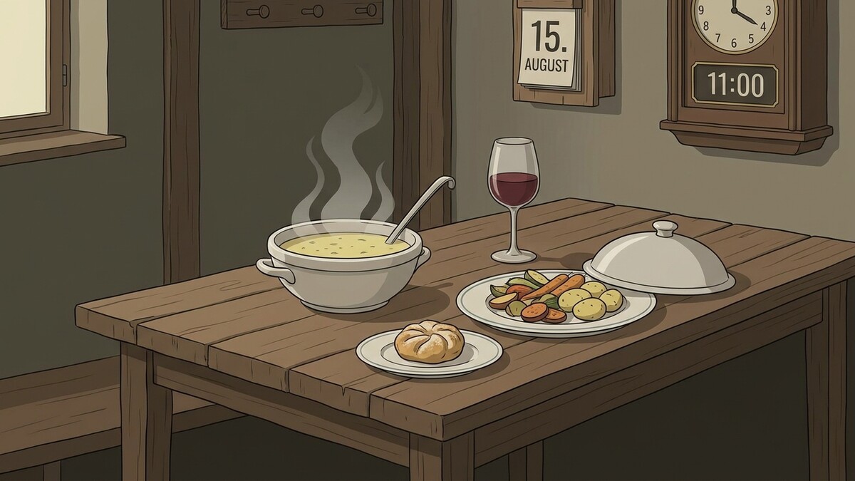 Essen am Tisch mit Suppe, Brötchen, Gemüse und Wein in einem rustikalen Raum
