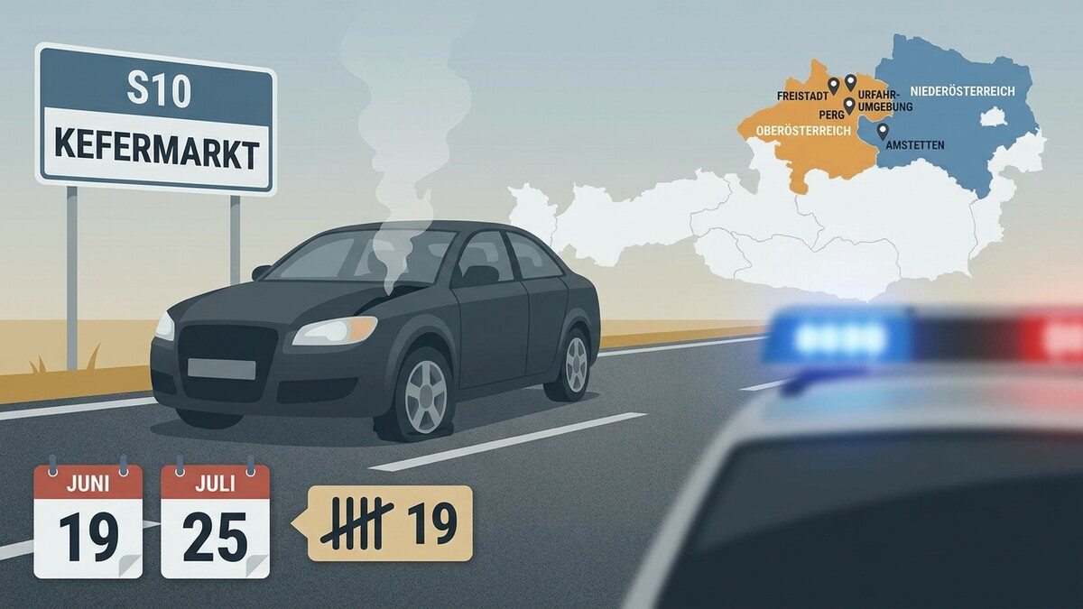 Unfall bei Kefermarkt S10 mit Polizeiauto und Karte von Ober- und Niederösterreich